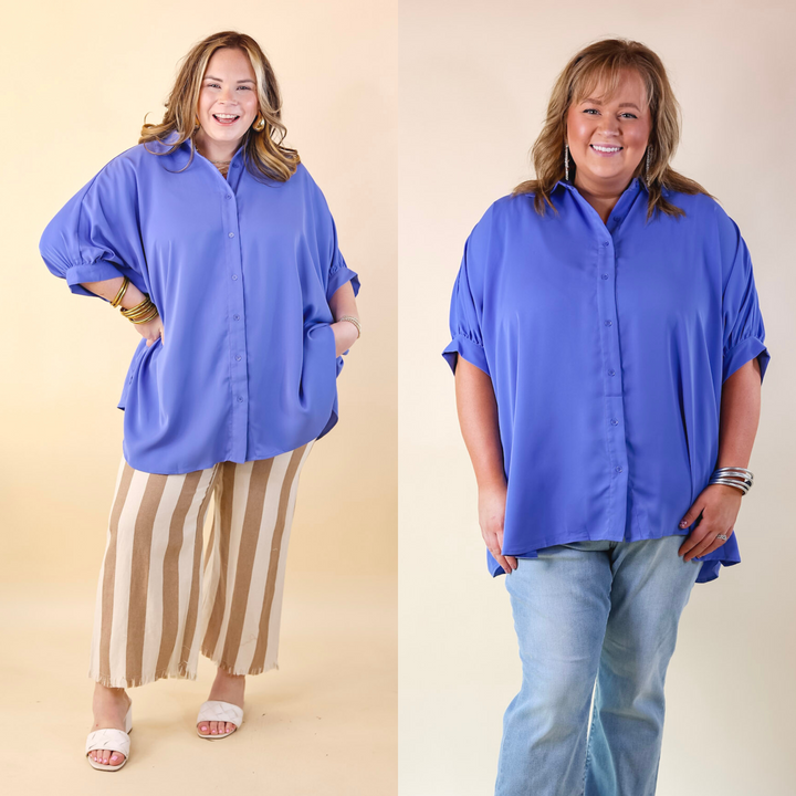 City Lifestyle Button Up Half Sleeve Poncho Top in Chambray Blue - Giddy Up Glamour Boutique