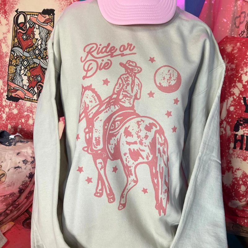 Online Exclusive | Ride or Die Long Sleeve Graphic Sweatshirt in Pink and Cream - Giddy Up Glamour Boutique