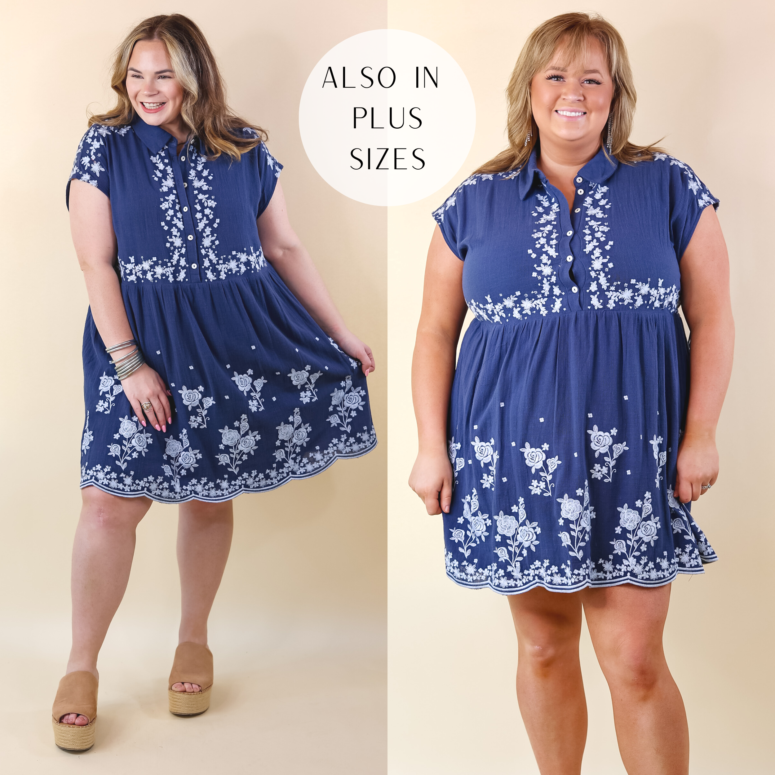 Nautical Blooms Quarter Button and Collar Embroidered Dress with Cap Sleeves in Navy Blue - Giddy Up Glamour Boutique