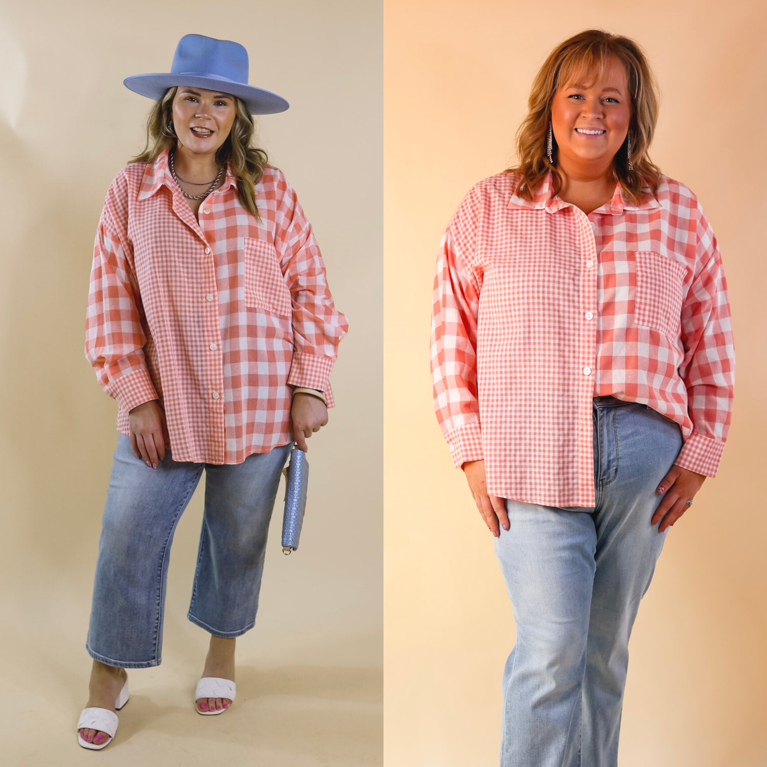 Waiting For You Mix Plaid Button Up Top in Coral Orange - Giddy Up Glamour Boutique