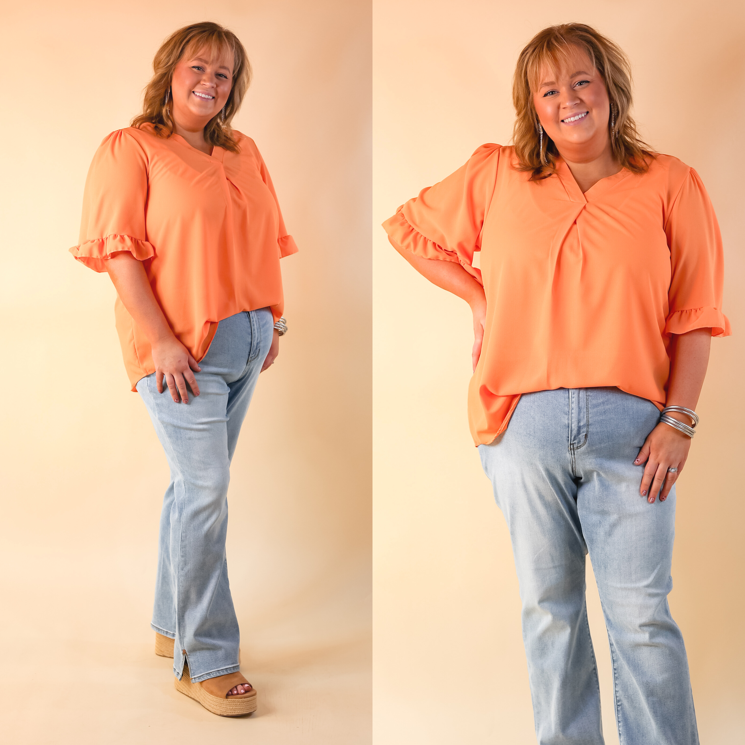 Radiant Ways Ruffle Short Sleeve Top with V Neckline in Orange - Giddy Up Glamour Boutique