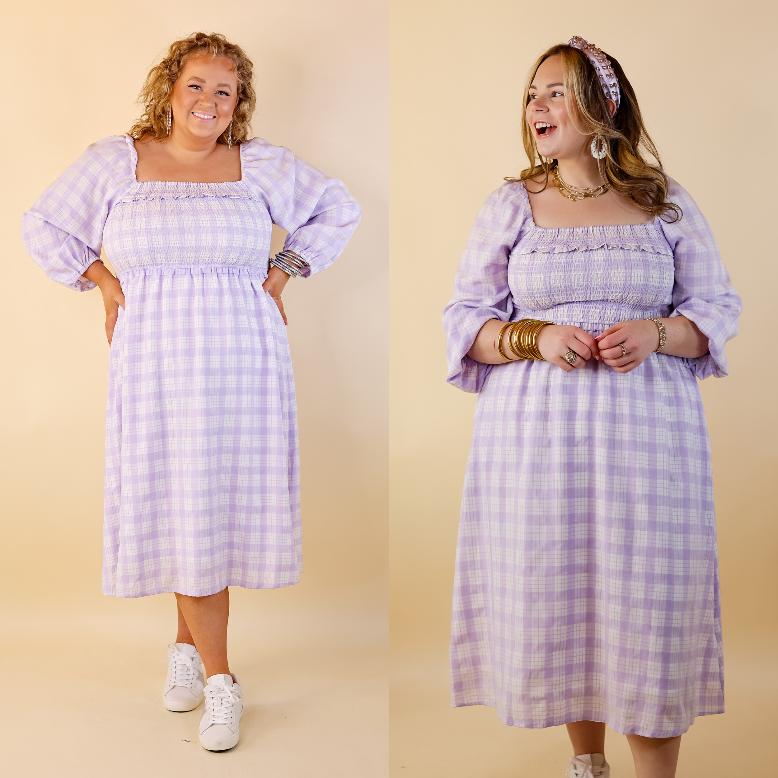 Adorable Impression Plaid Midi Dress with Smocked Bodice in Lavender Purple - Giddy Up Glamour Boutique