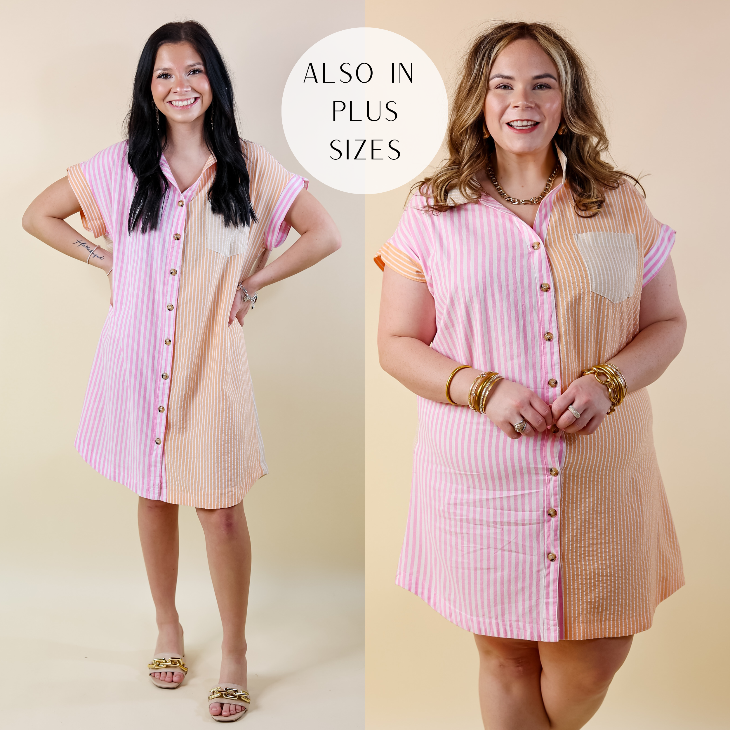 Seasonal Cruisin' Button Up Pinstripe Dress in Pink and Orange - Giddy Up Glamour Boutique
