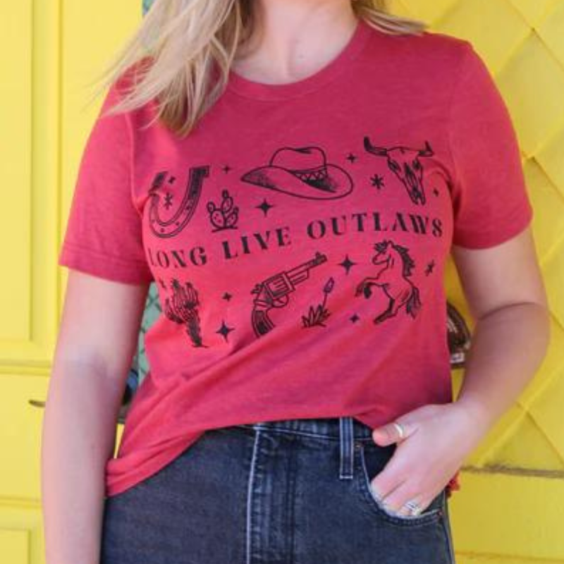 Online Exclusive | Long Live Outlaws Short Sleeve Graphic Tee in Red - Giddy Up Glamour Boutique