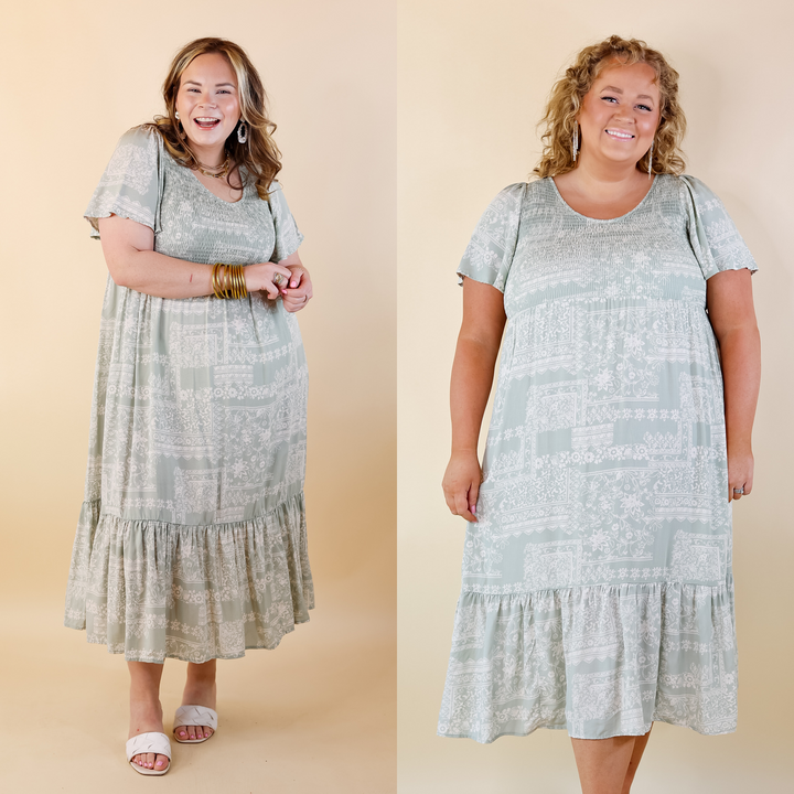 Adore The Shore Block Print Midi Dress with Smocked Bodice in Sage Green - Giddy Up Glamour Boutique