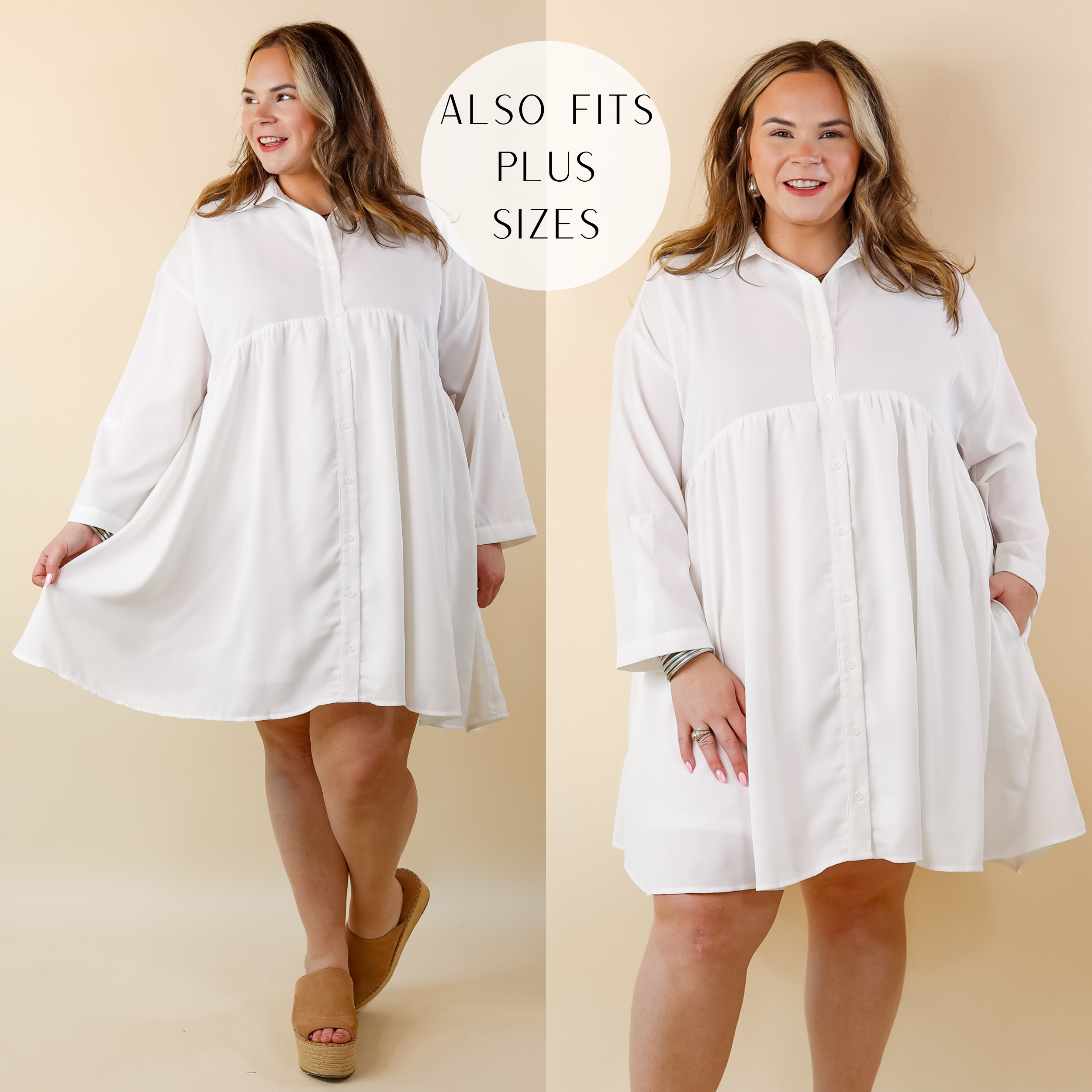 Risky Business Button Up Babydoll Dress in White - Giddy Up Glamour Boutique