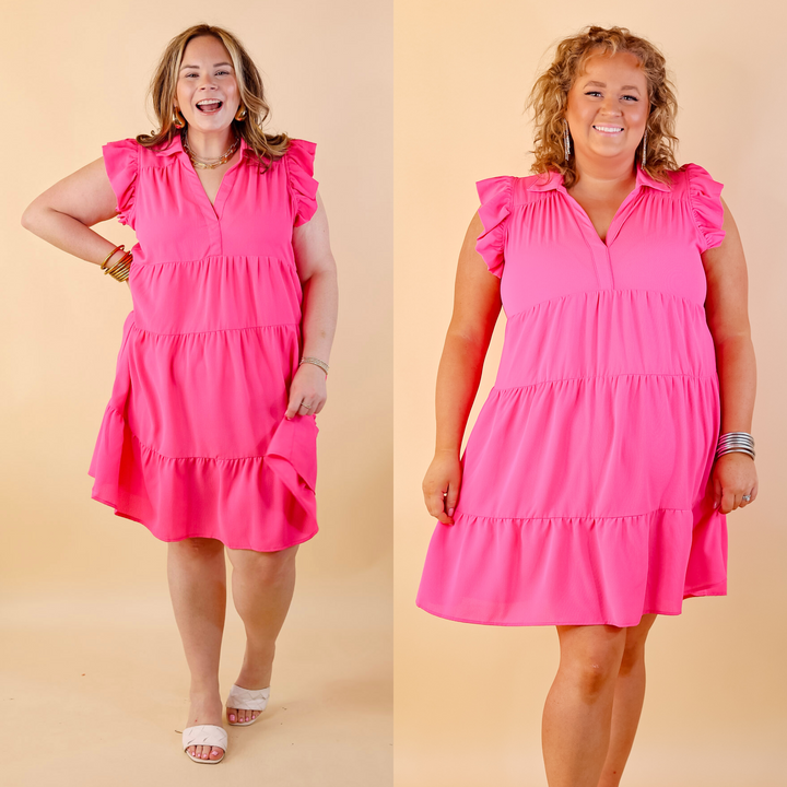 All Of A Sudden Ruffle Cap Sleeve Short Dress in Hot Pink - Giddy Up Glamour Boutique