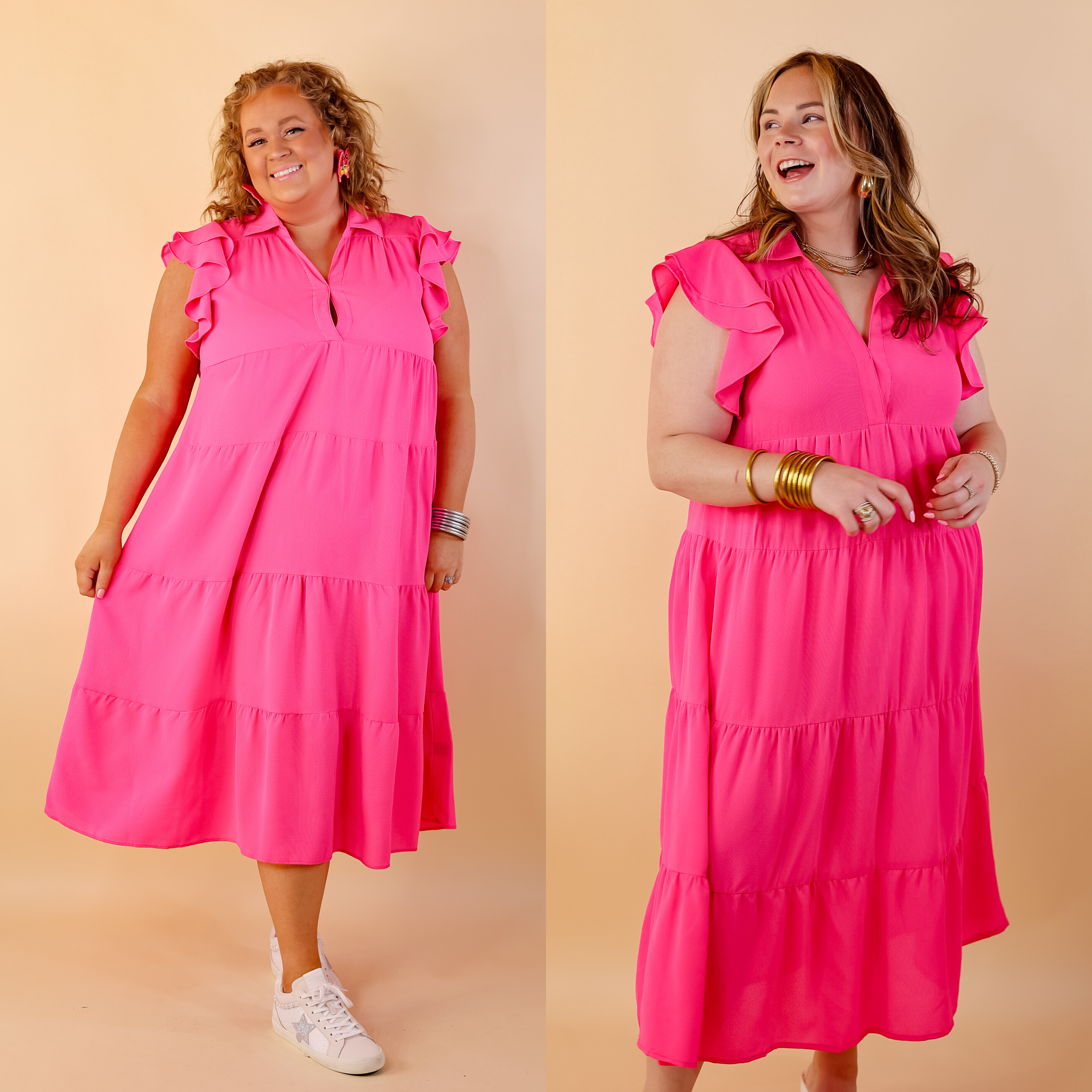 All Of A Sudden Tiered Midi Dress with Ruffle Cap Sleeves in Hot Pink - Giddy Up Glamour Boutique