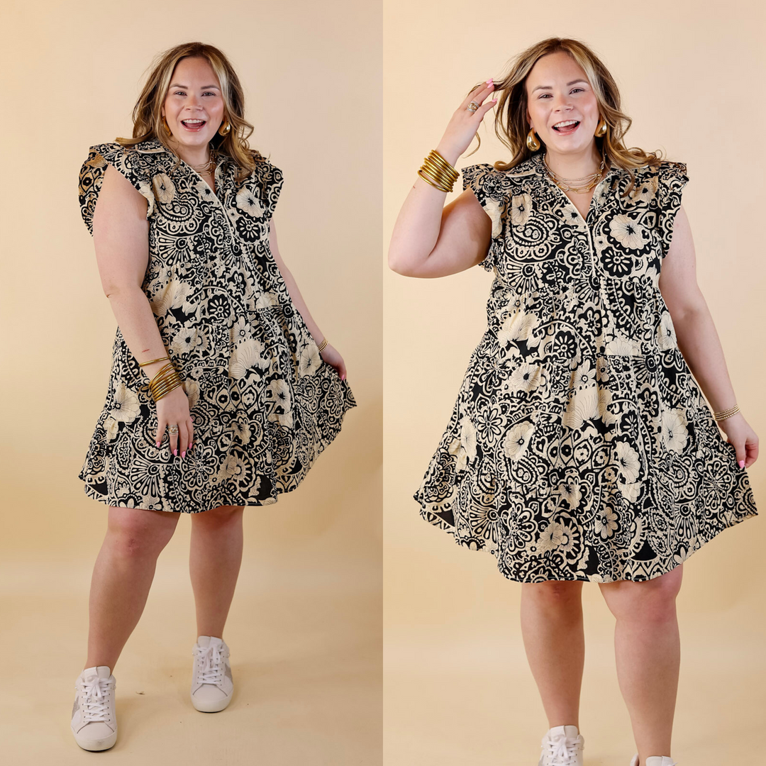 Classy Evenings Floral Print Collared Dress in Beige and Black - Giddy Up Glamour Boutique