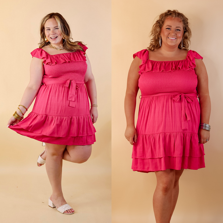 Feeling Refined Ruffle Tiered Dress with Smocked Bodice in Hot Pink - Giddy Up Glamour Boutique