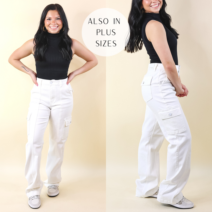 Judy Blue | Chic Efforts Cargo Straight Leg Jeans in White - Giddy Up Glamour Boutique