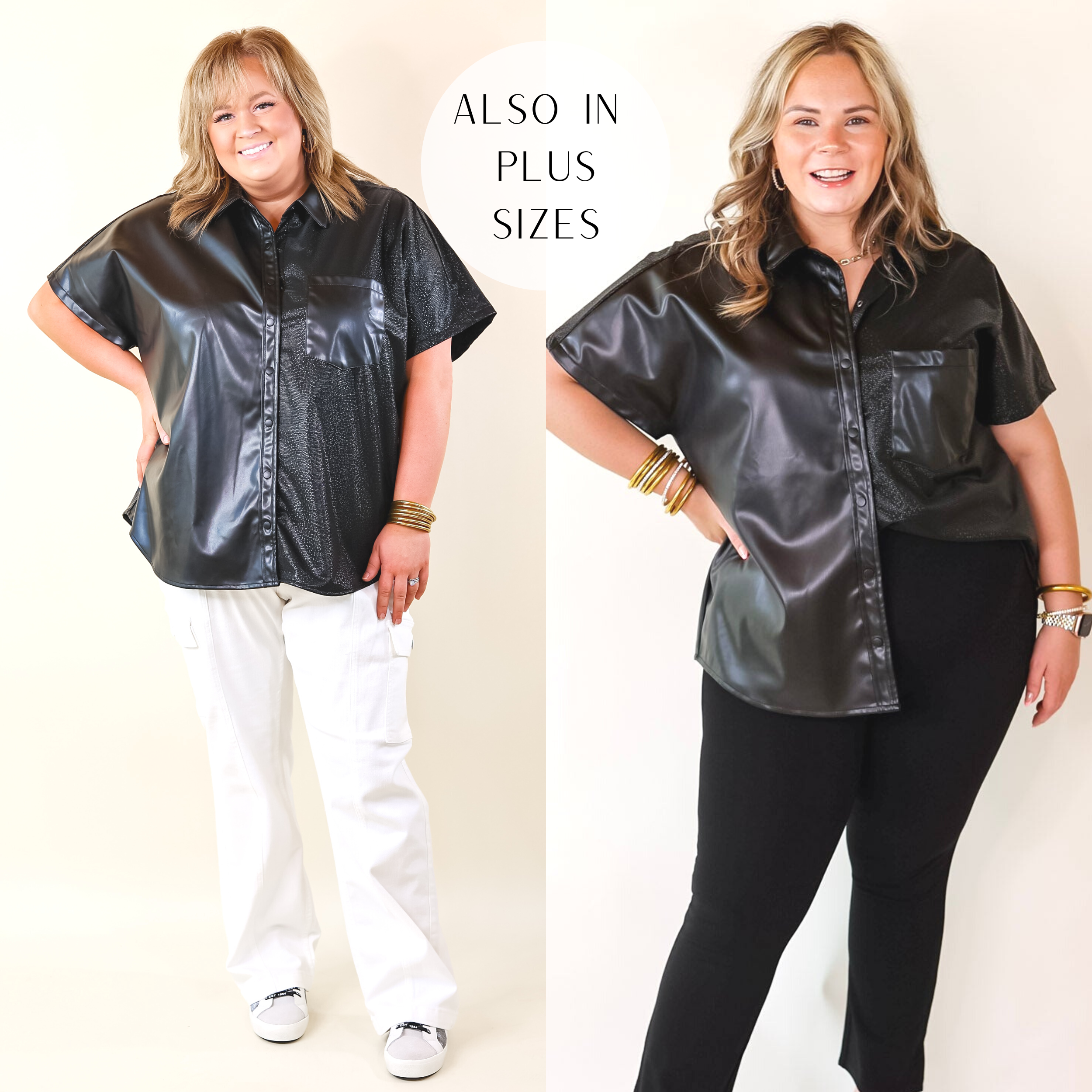 Forever Stylish Faux Leather Snake Print Block Button Up Top in Black - Giddy Up Glamour Boutique