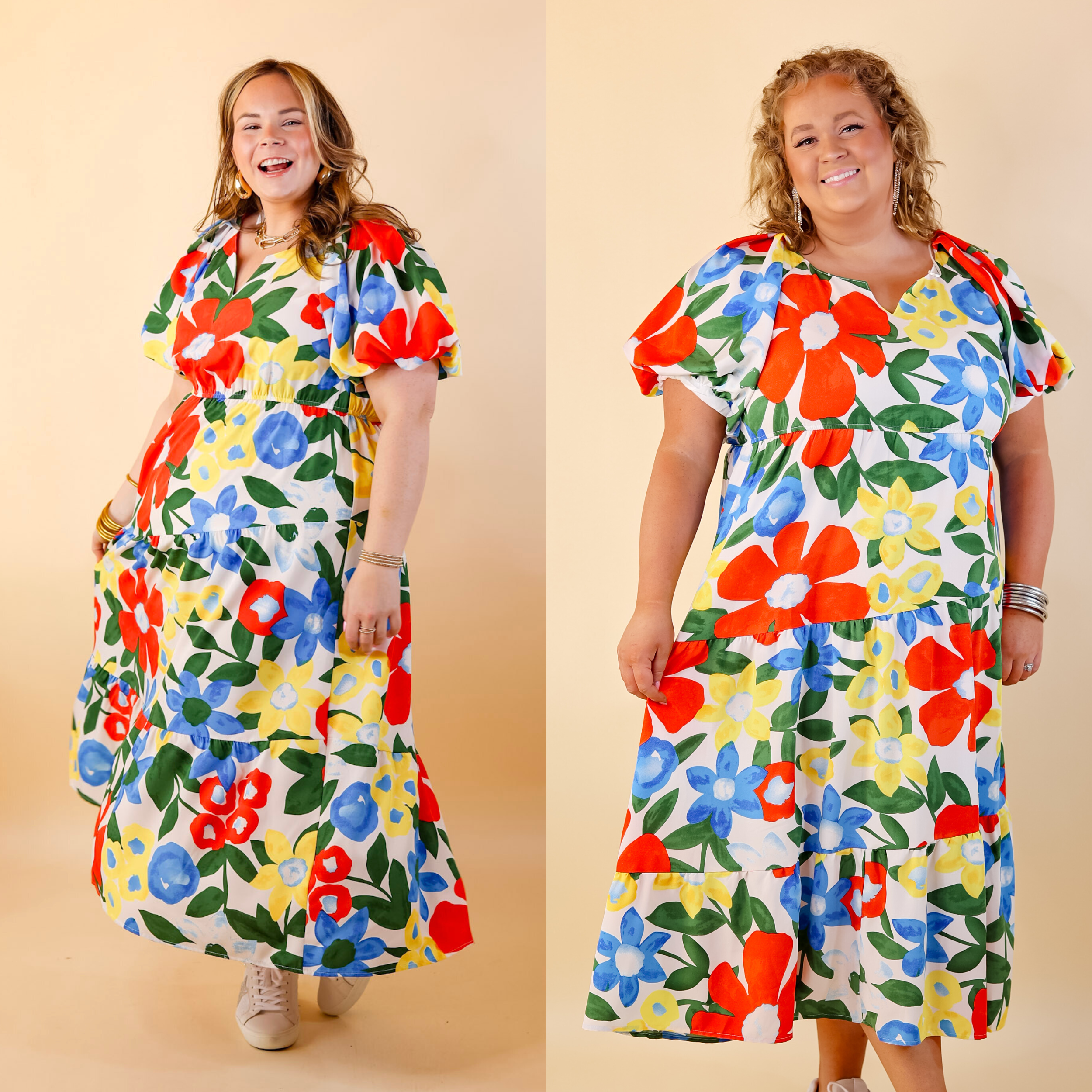 Gramercy Garden Floral Midi Dress with Short Balloon Sleeves in White - Giddy Up Glamour Boutique