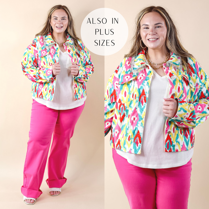 Chic Discovery Button Up Corduroy Jacket with Crystal Fringe in White Print - Giddy Up Glamour Boutique