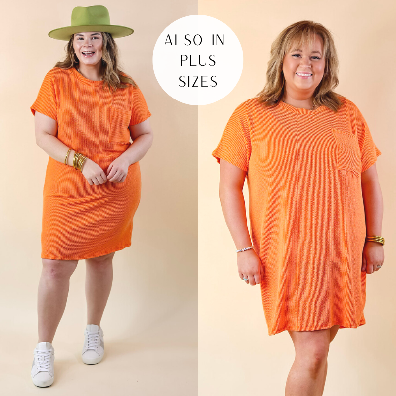 Coffee and Carefree Ribbed Short Sleeve Dress with Front Pocket in Orange - Giddy Up Glamour Boutique