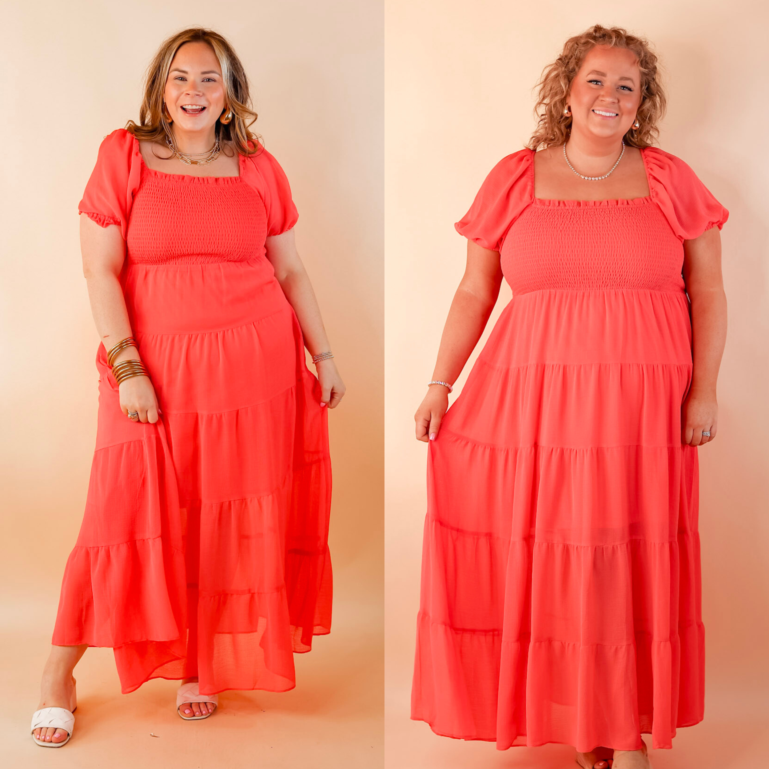 Honeysuckle Love Tiered Maxi Dress with Smocked Bodice in Coral Red - Giddy Up Glamour Boutique