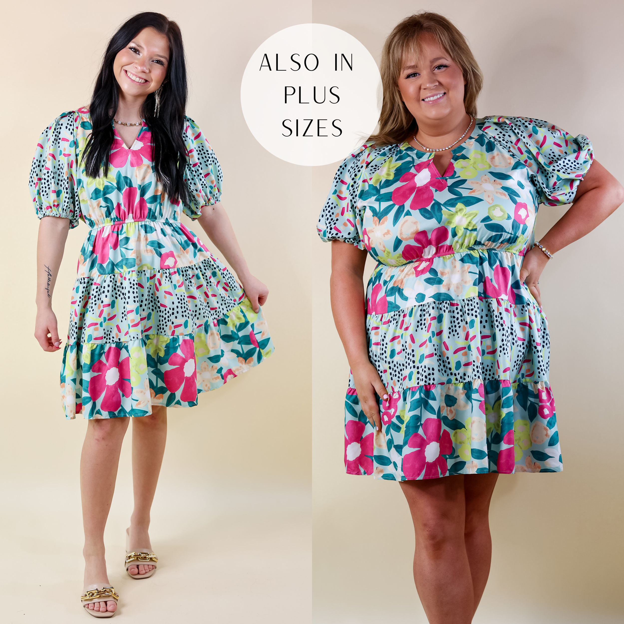 Gramercy Garden Floral Tiered Dress with Short Balloon Sleeves in Light Mint Blue Mix - Giddy Up Glamour Boutique