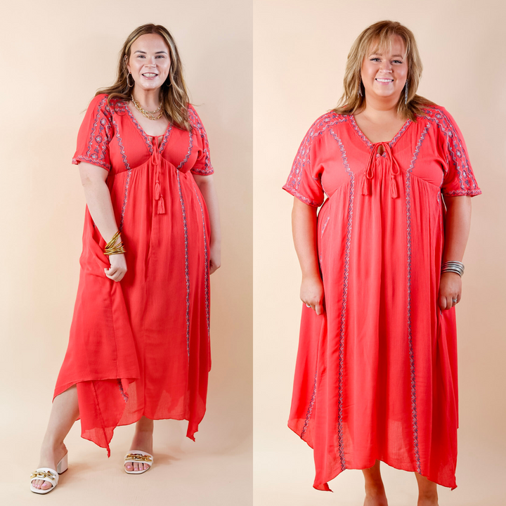 Just For You Embroidered Maxi Dress with Tassel Tie Neck in Coral - Giddy Up Glamour Boutique