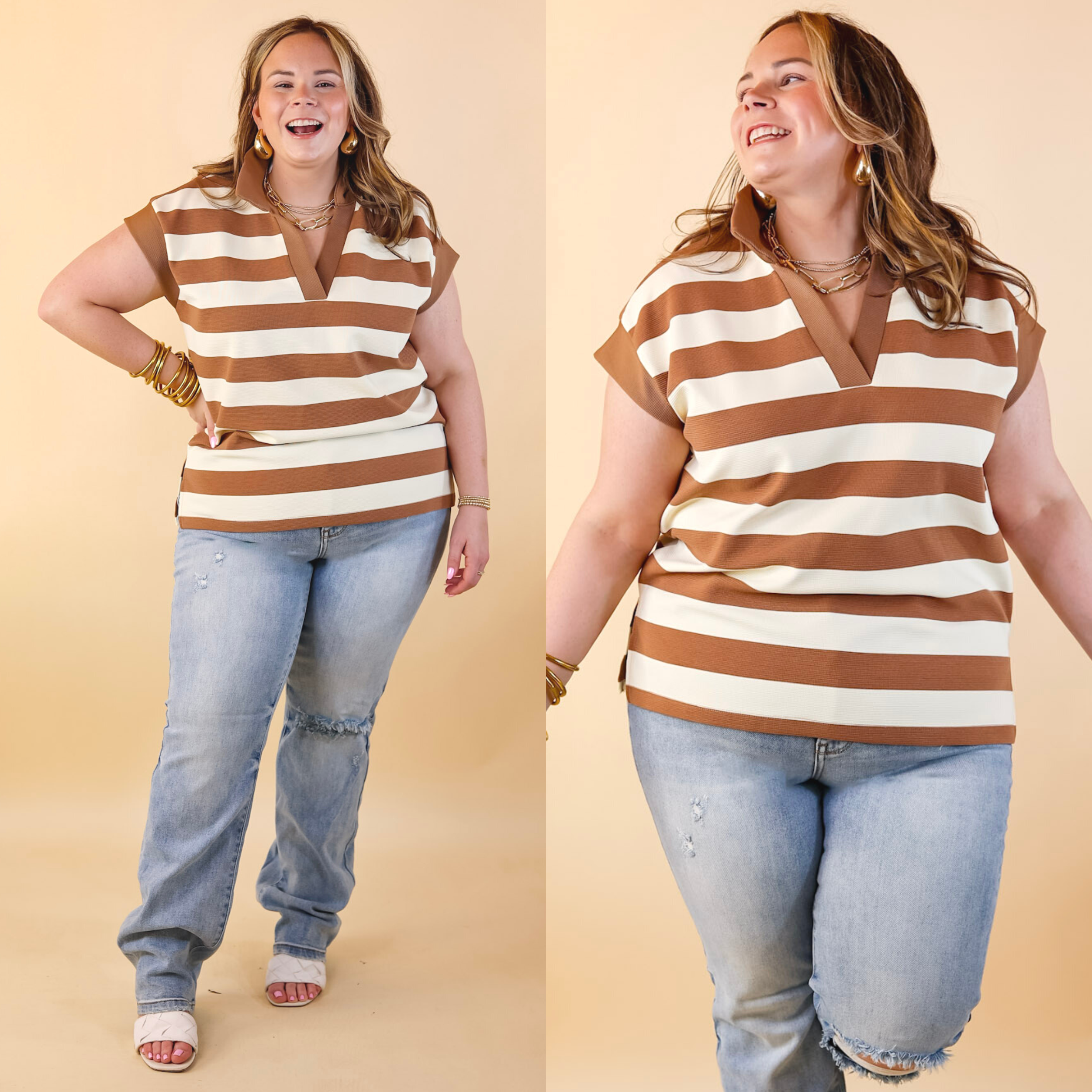 Stripe it Simple Collared Stripe Top with Drop Sleeves in Taupe and Cream - Giddy Up Glamour Boutique