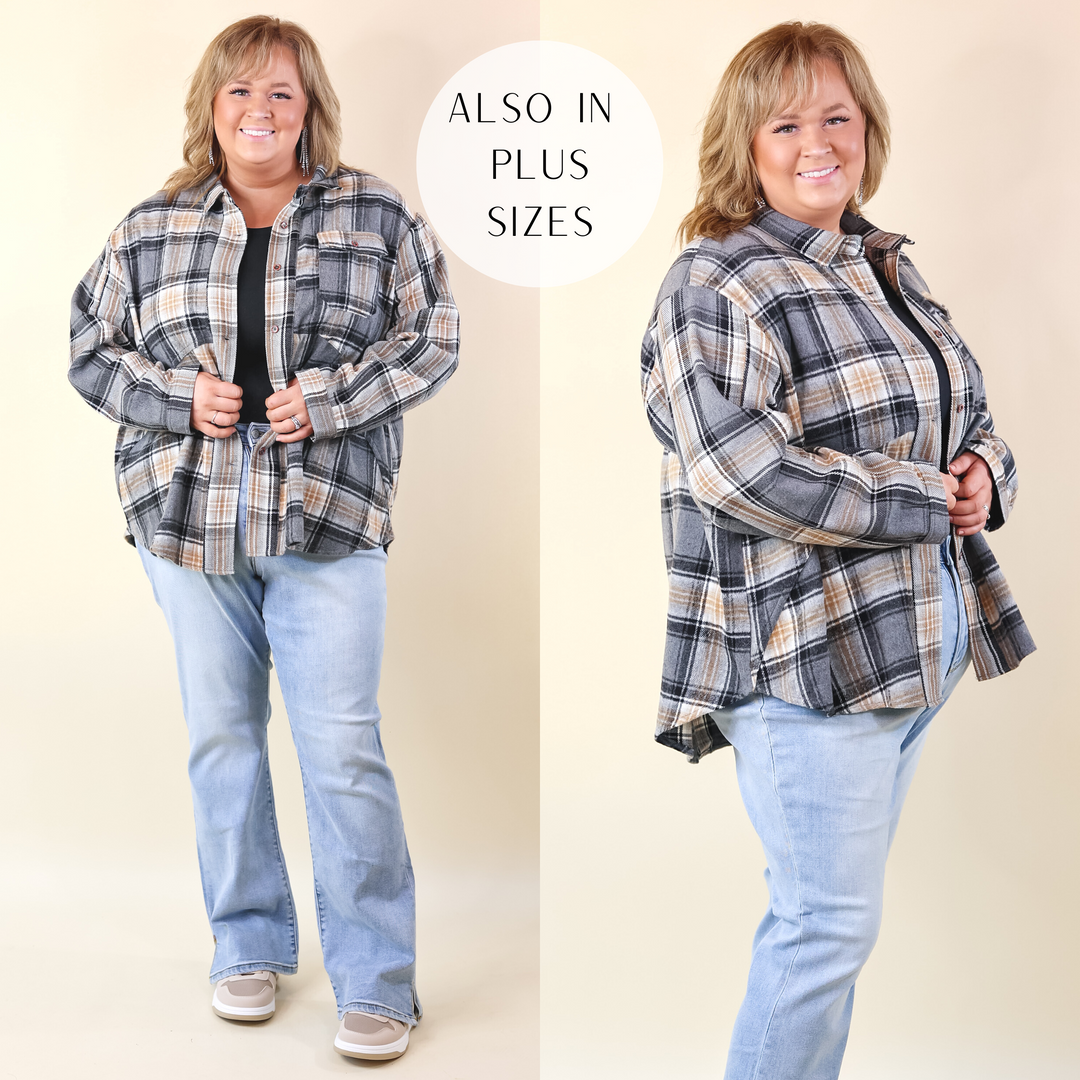 Coffee At Sunrise Button Up Plaid Shacket with Long Sleeves in Grey - Giddy Up Glamour Boutique