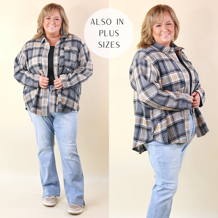 Coffee At Sunrise Button Up Plaid Shacket with Long Sleeves in Grey - Giddy Up Glamour Boutique
