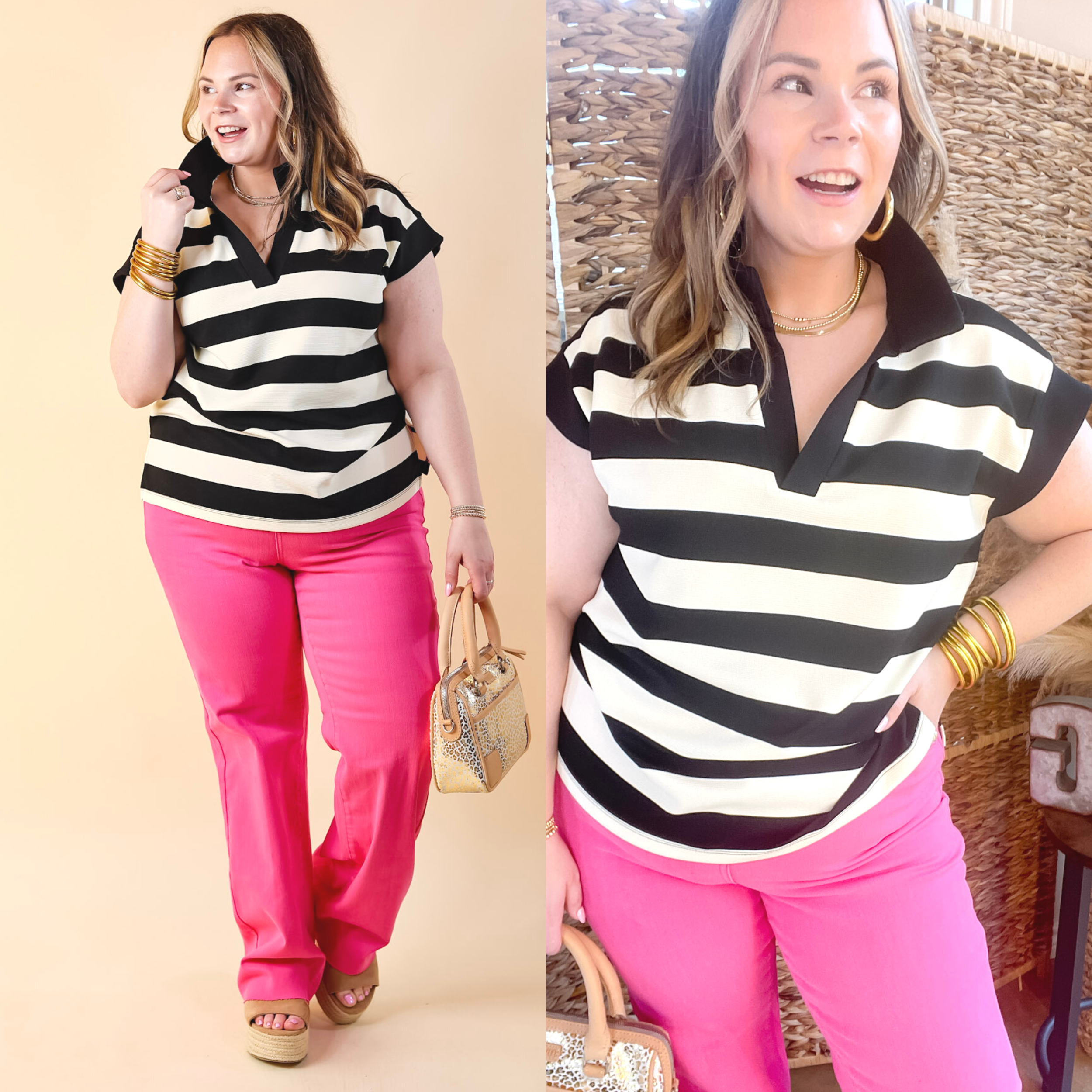 Stripe it Simple Collared Stripe Top with Drop Sleeves in Black and Cream - Giddy Up Glamour Boutique