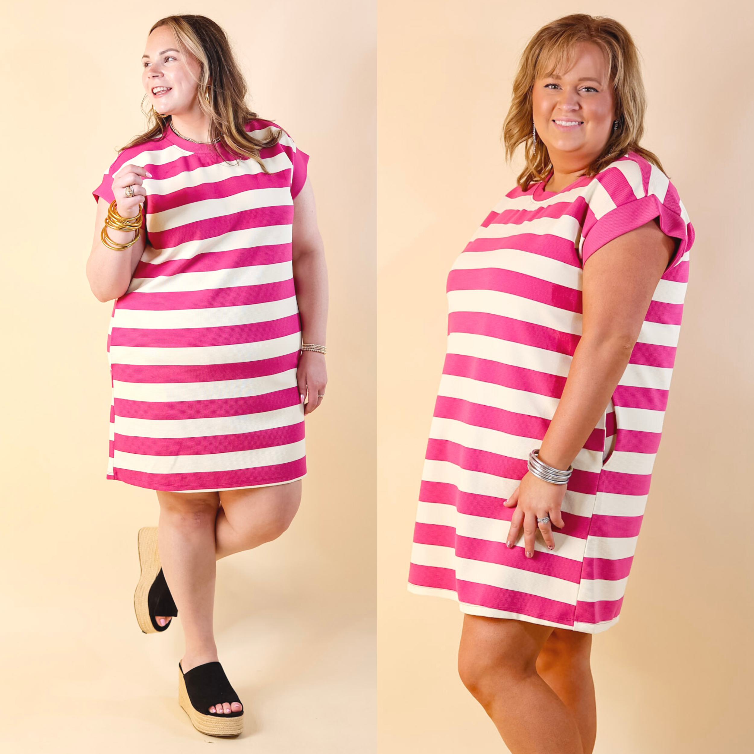 Stripe it Simple Striped Dress with Cap Sleeves in Pink and Cream - Giddy Up Glamour Boutique