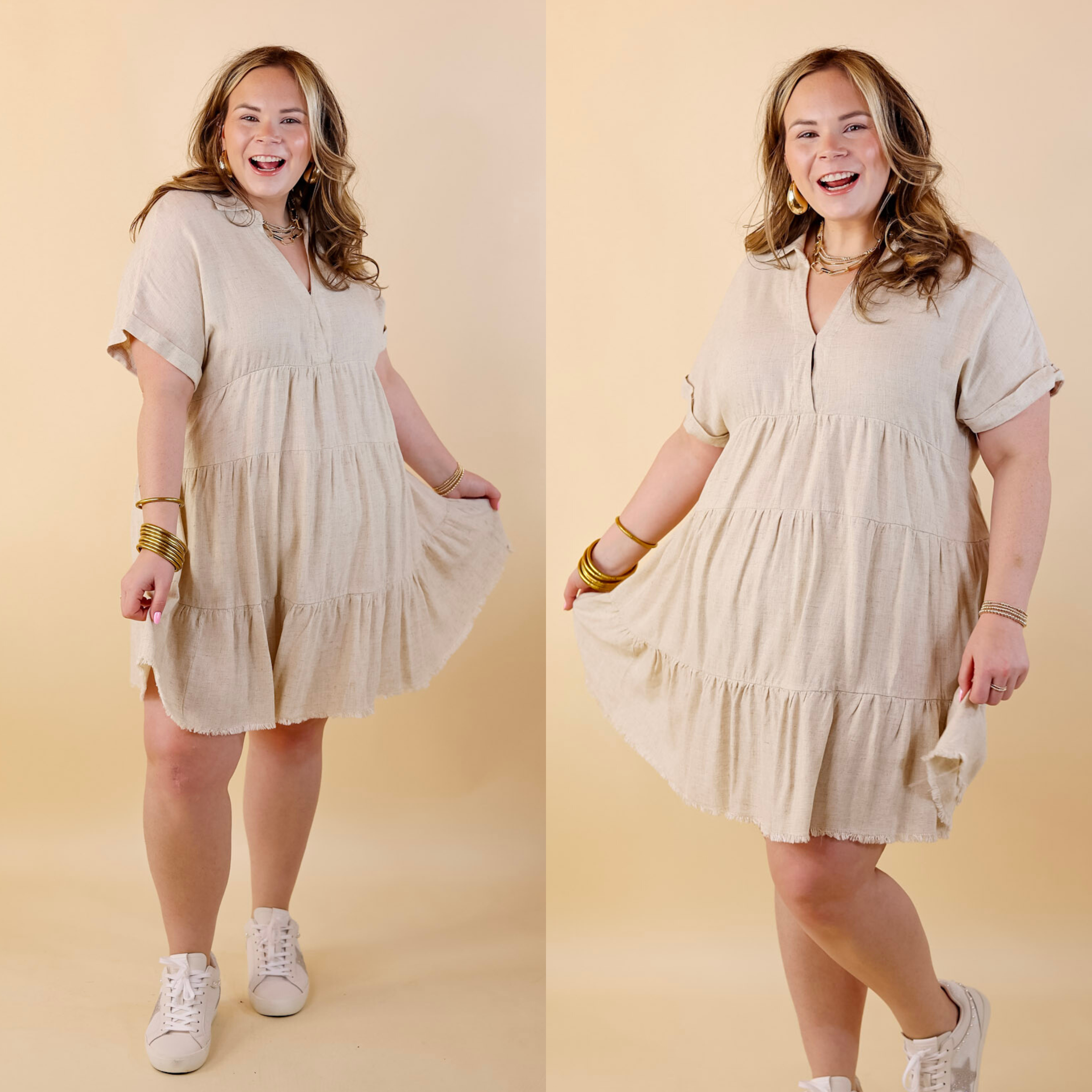Taos Transitions Ruffle Tiered Collared Dress with Frayed Hem in Beige - Giddy Up Glamour Boutique