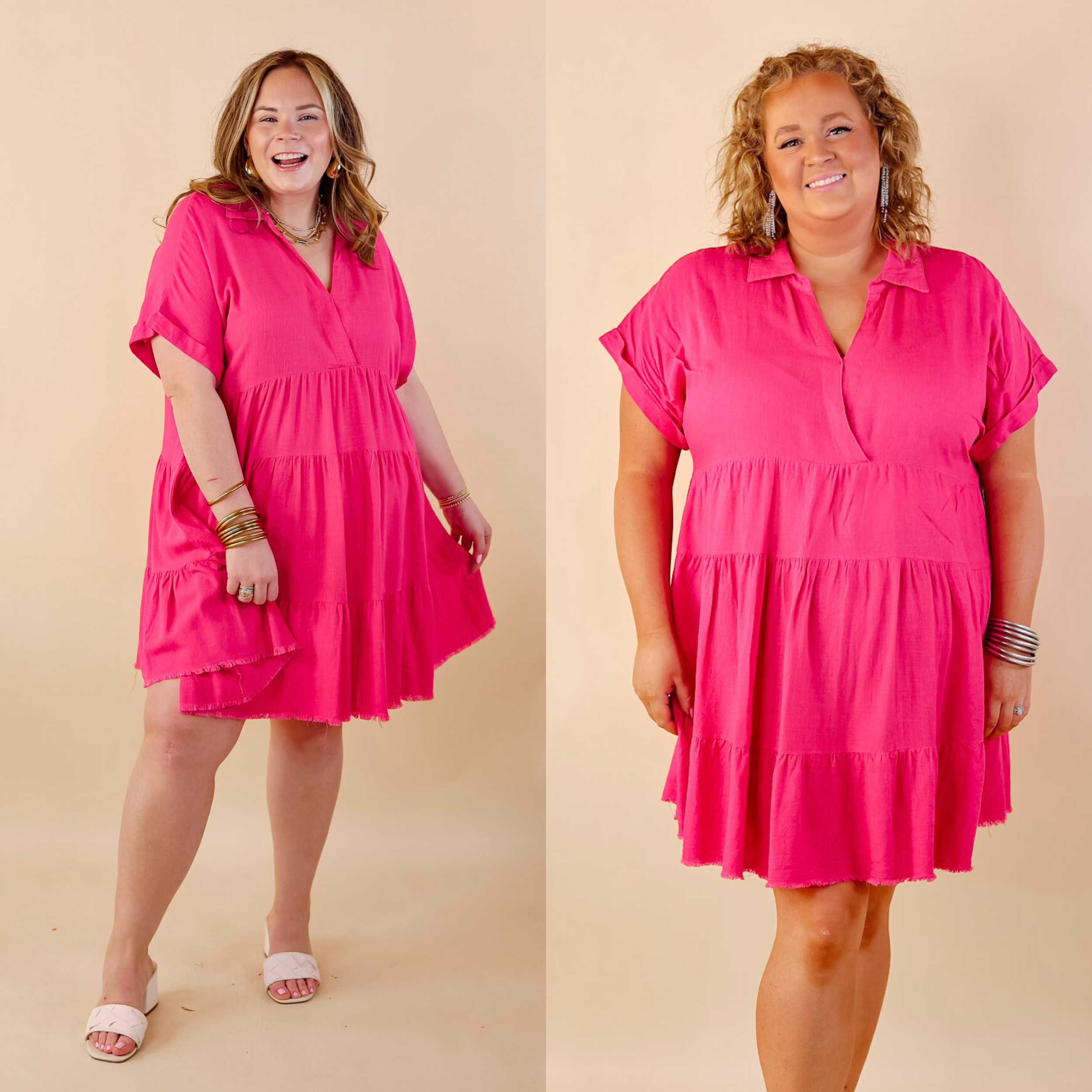 Taos Transitions Ruffle Tiered Collared Dress with Frayed Hem in Hot Pink - Giddy Up Glamour Boutique