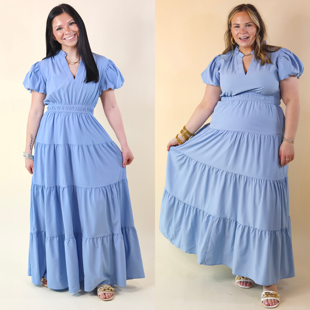 Table for Two Tiered Maxi Dress with Puff Sleeves in Chambray Blue - Giddy Up Glamour Boutique