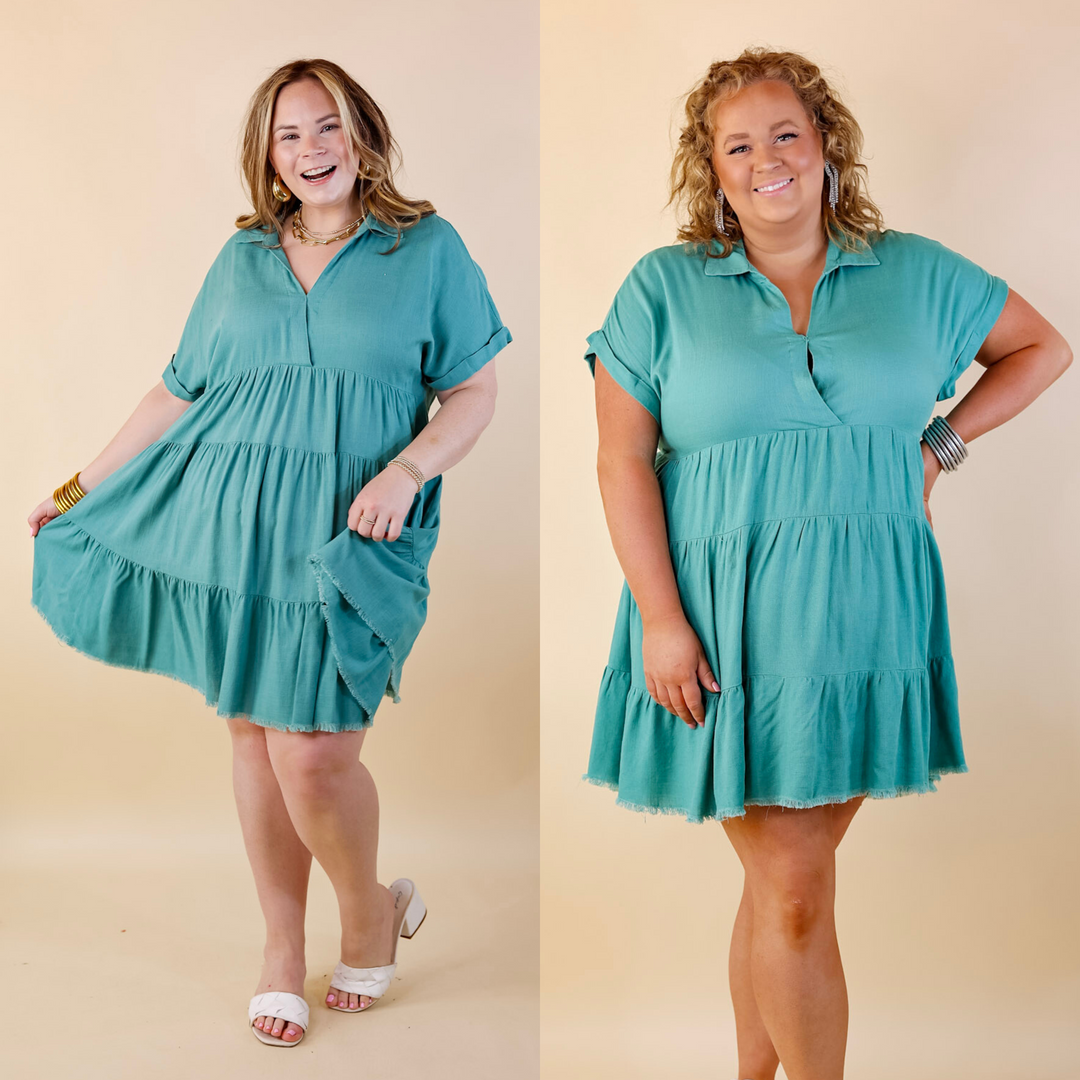 Taos Transitions Ruffle Tiered Collared Dress with Frayed Hem in Turquoise - Giddy Up Glamour Boutique