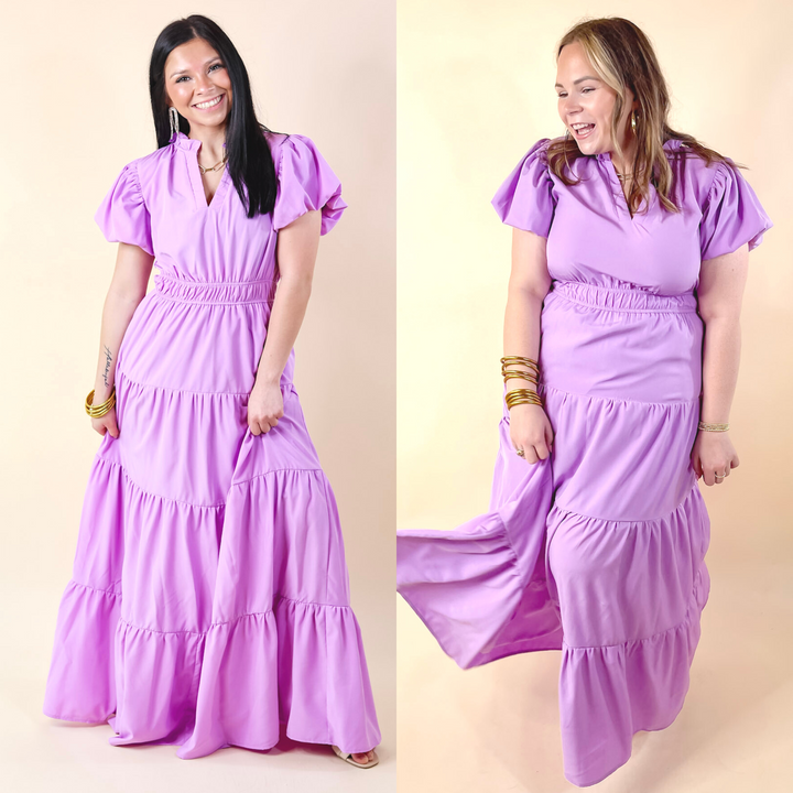 Table for Two Tiered Maxi Dress with Puff Sleeves in Lavender Purple - Giddy Up Glamour Boutique