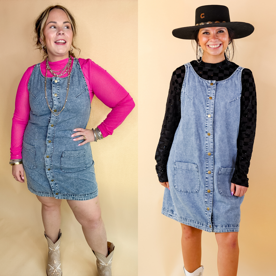 The Girl Next Door Denim Button Up Dress in Light Wash - Giddy Up Glamour Boutique