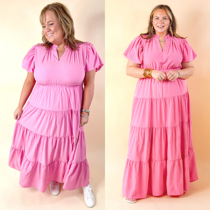 Table for Two Tiered Maxi Dress with Puff Sleeves in Bubblegum Pink - Giddy Up Glamour Boutique