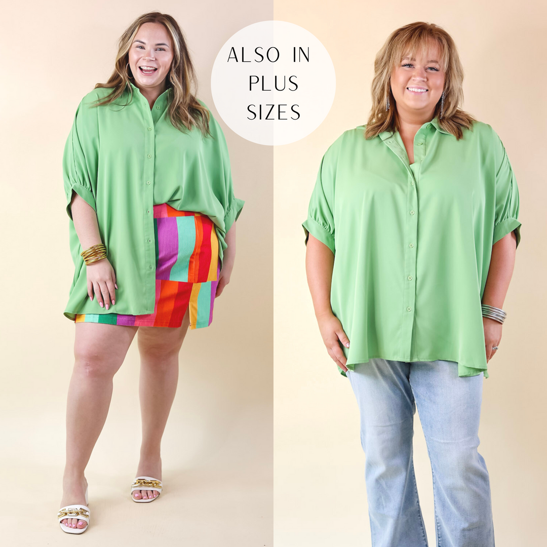 City Lifestyle Button Up Half Sleeve Poncho Top in Aloe Green - Giddy Up Glamour Boutique