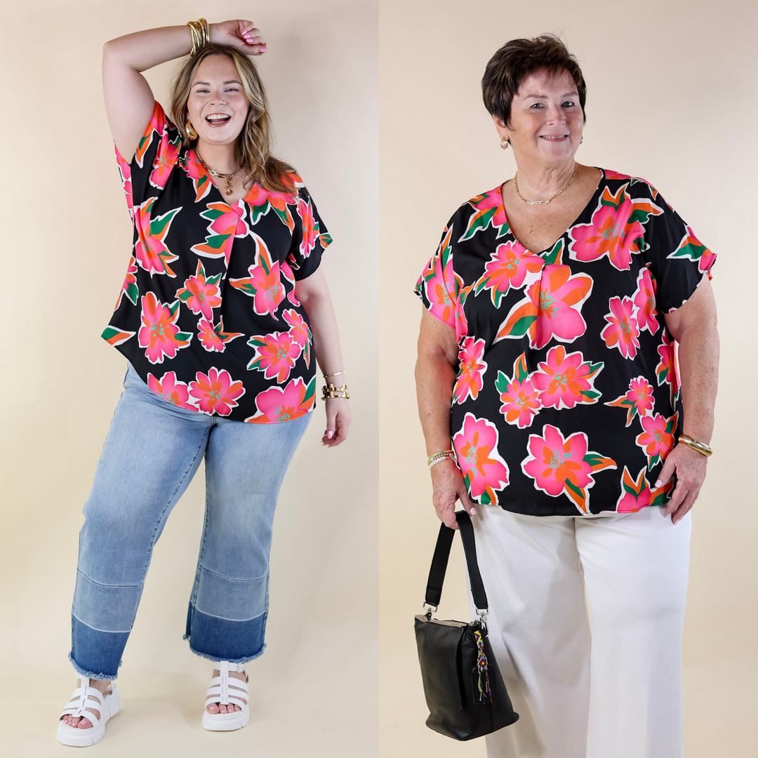 Fresh Bloom Floral Print V Neck Top in Black - Giddy Up Glamour Boutique
