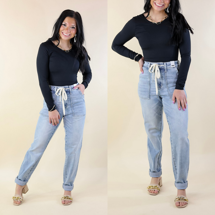 Judy Blue | Keep It A Secret Relaxed Pull on Jean Joggers in Light Wash - Giddy Up Glamour Boutique