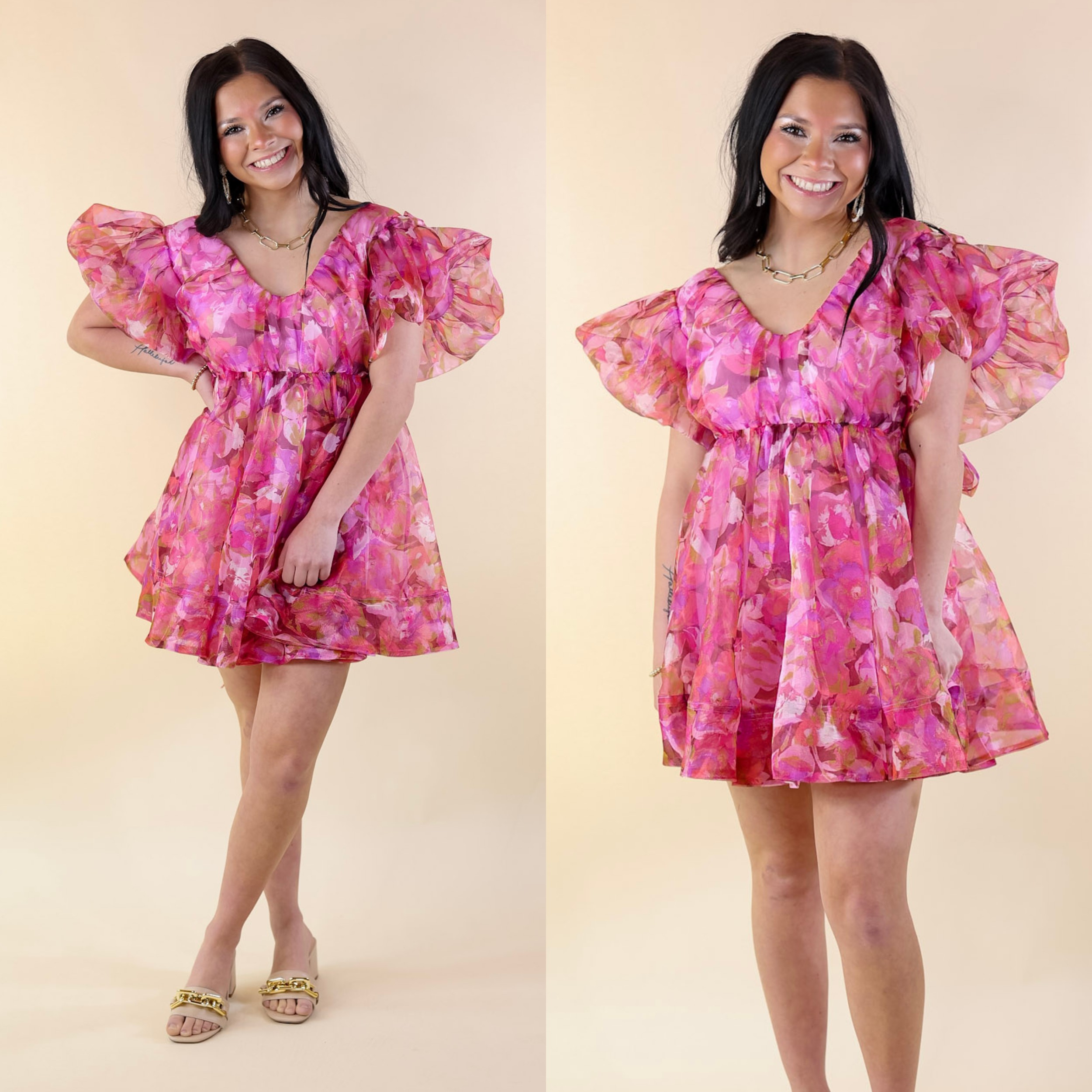 BuddyLove | Hollis Puff Sleeve Mini Dress in Off to Paradise (Pink and Purple) - Giddy Up Glamour Boutique