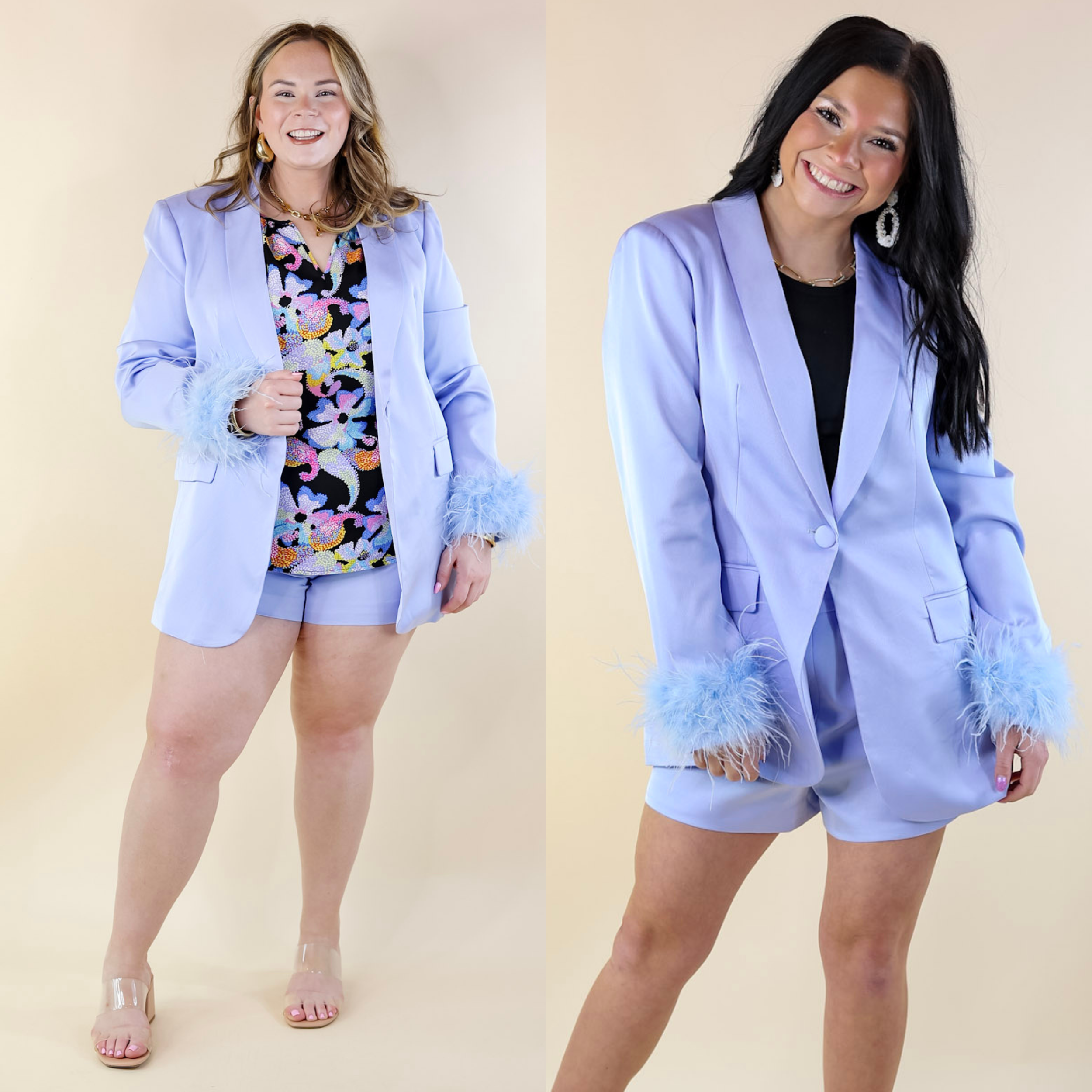 BuddyLove | Elle Feather Trim Blazer in Blue - Giddy Up Glamour Boutique