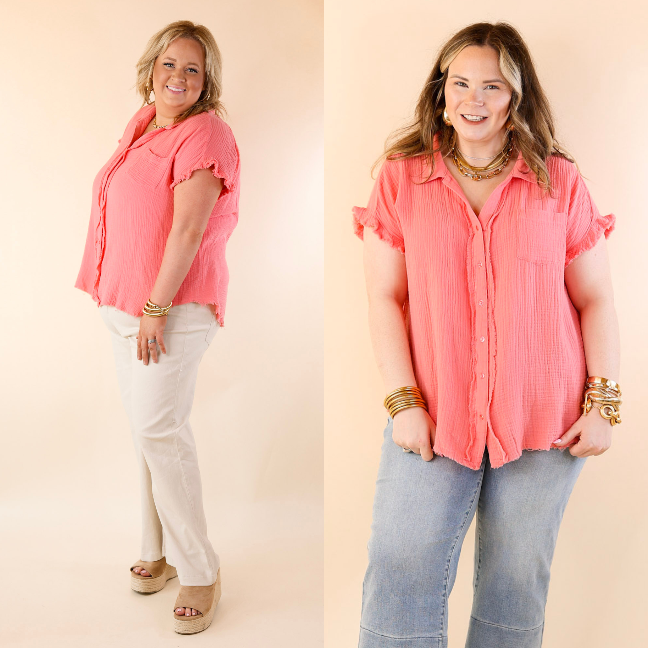 Right On Cue Button Up Raw Hem Top in Coral Pink - Giddy Up Glamour Boutique