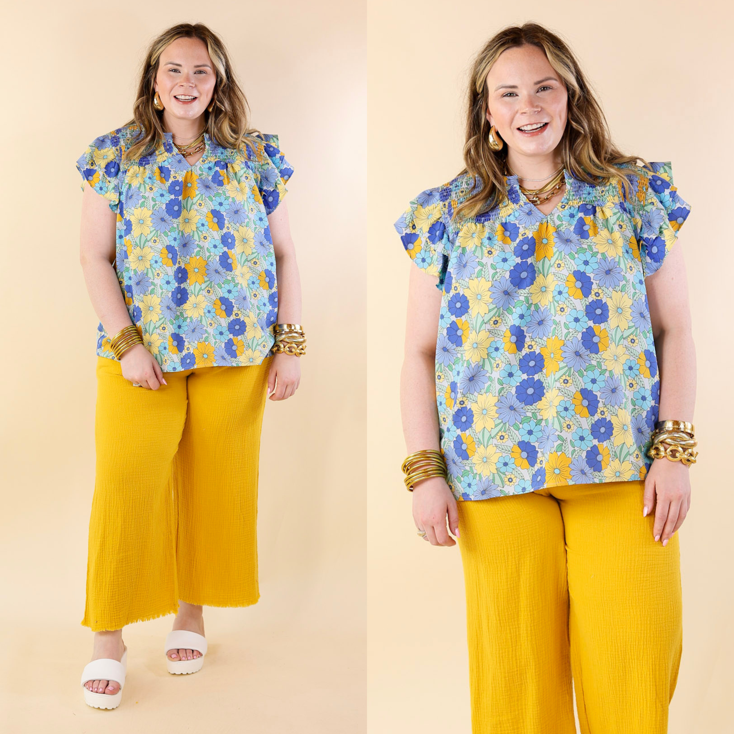 Pretty Days Floral Notched Neckline Top in Blue Mix - Giddy Up Glamour Boutique