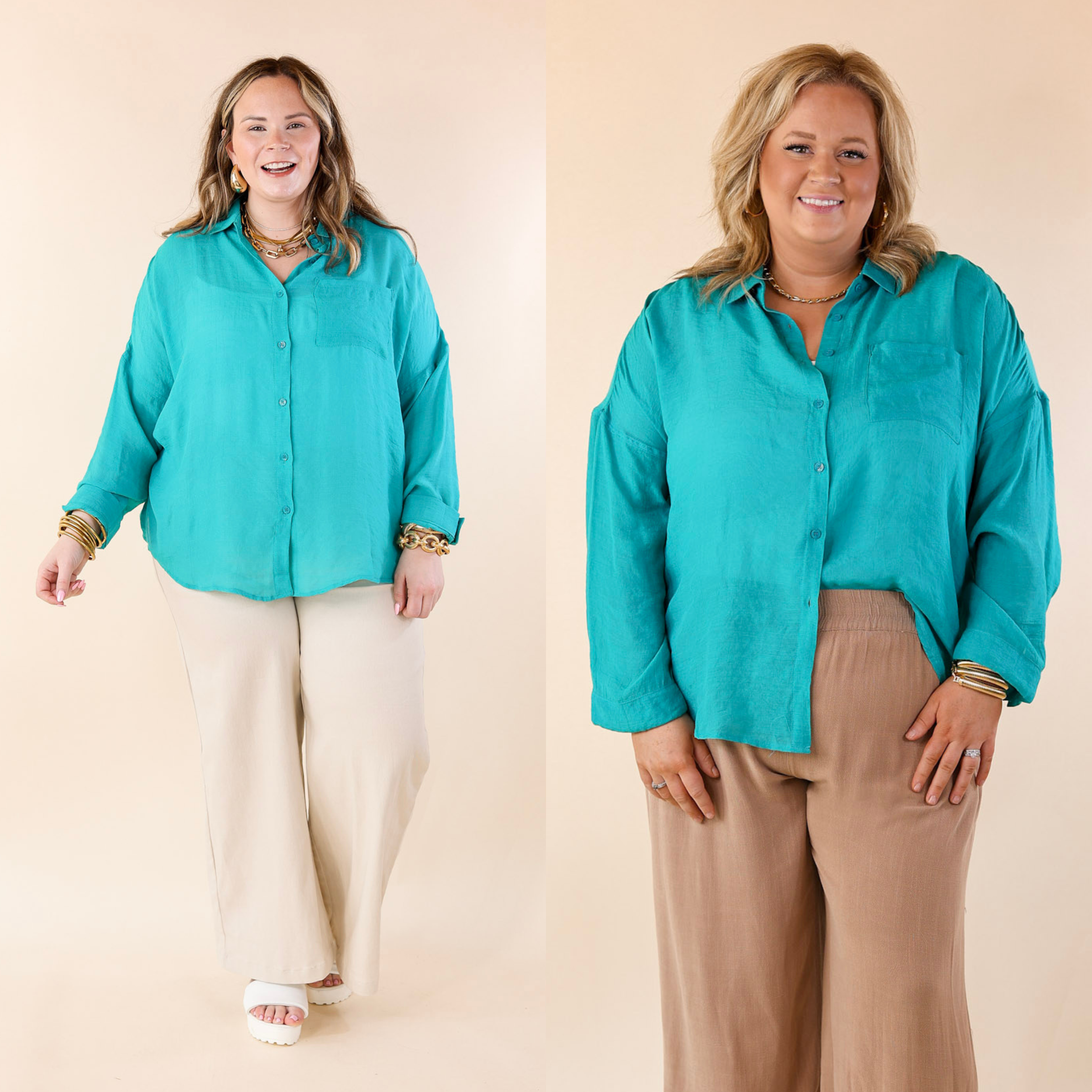 Look on the Bright Side Button Up Long Sleeve in Turquoise Blue - Giddy Up Glamour Boutique