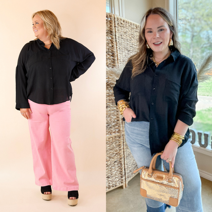 Effortlessly Charming Button Up Crepe Fabric Top in Black - Giddy Up Glamour Boutique