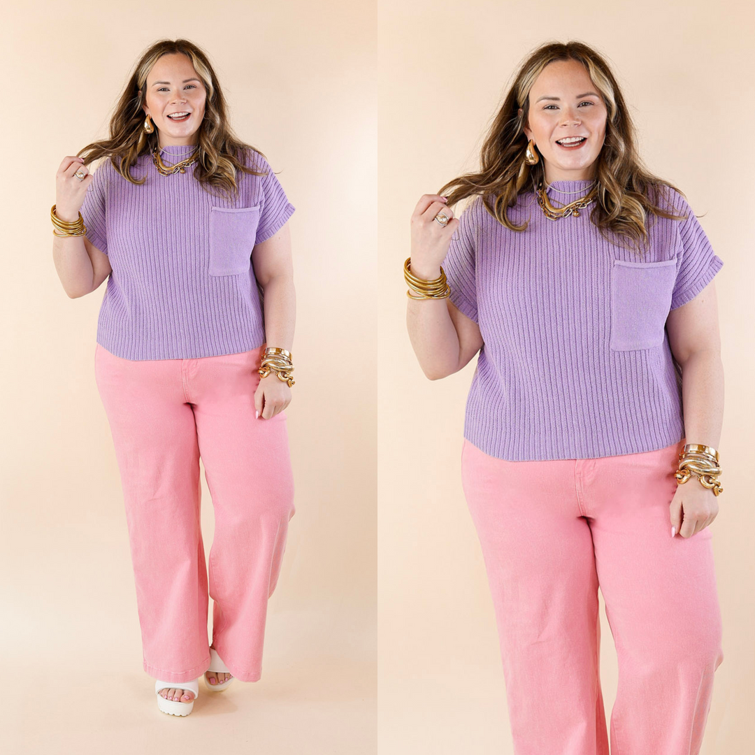 City Sights Cap Sleeve Summer Sweater Top with Pocket in Purple - Giddy Up Glamour Boutique