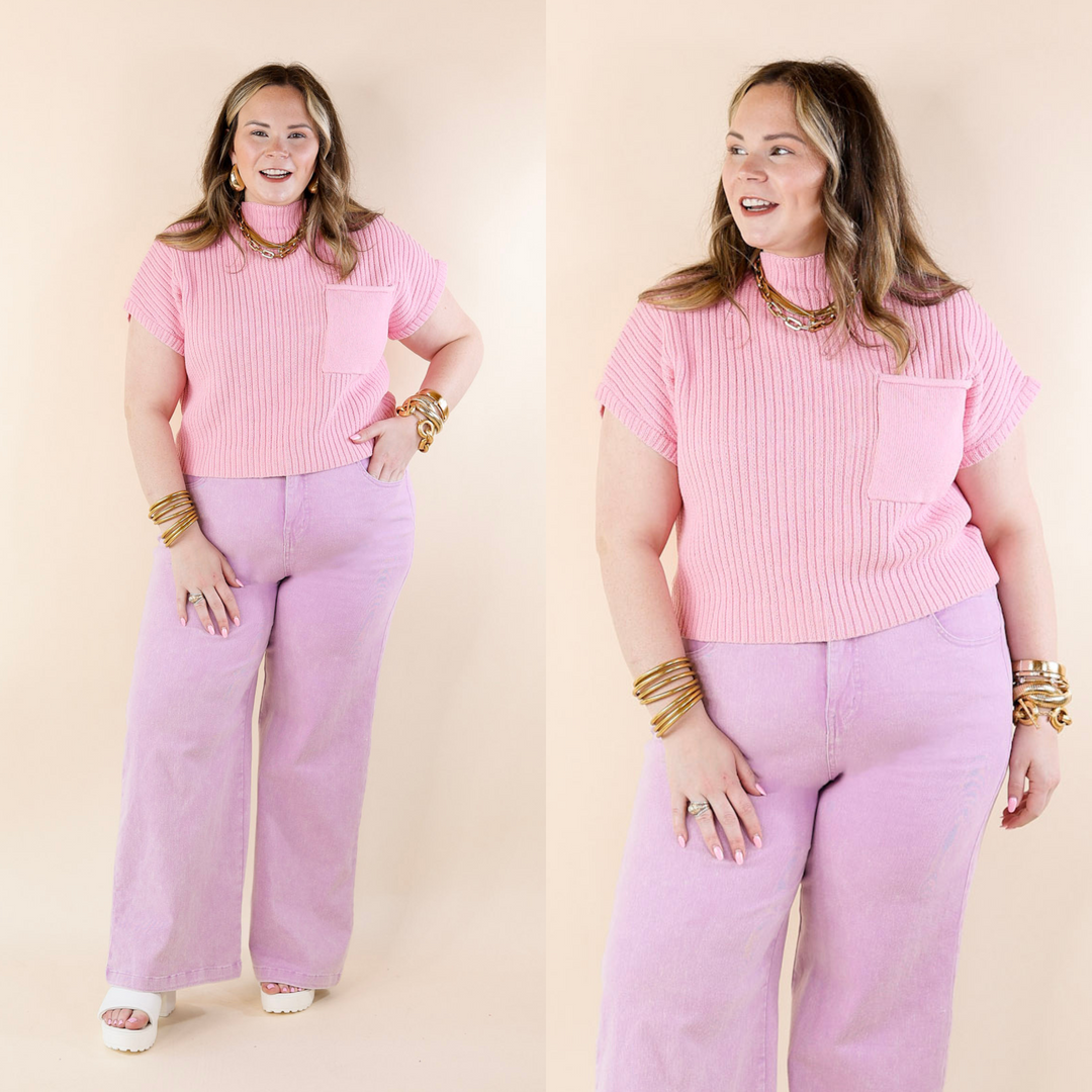 City Sights Cap Sleeve Summer Sweater Top with Pocket in Pink - Giddy Up Glamour Boutique