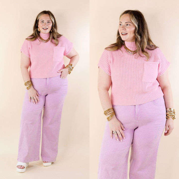 City Sights Cap Sleeve Summer Sweater Top with Pocket in Pink - Giddy Up Glamour Boutique