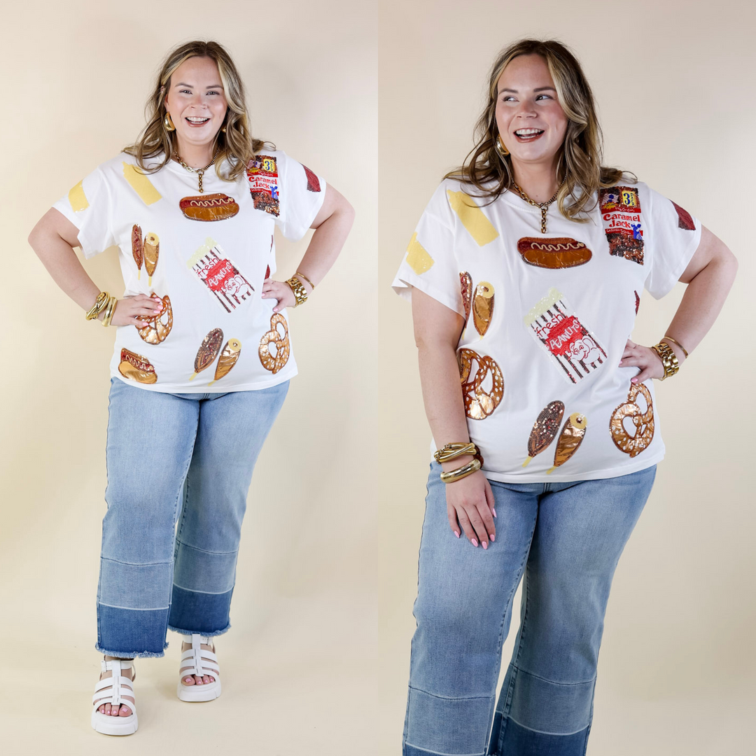 Queen Of Sparkles | Concession Couture Sequin Ballpark Foods Top in White - Giddy Up Glamour Boutique