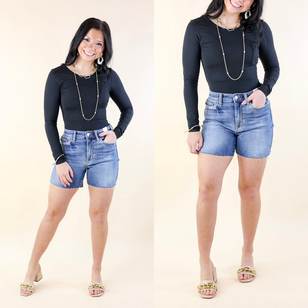 Judy Blue | By Popular Demand Mid Thigh Cut Off Hem Shorts in Light Wash - Giddy Up Glamour Boutique