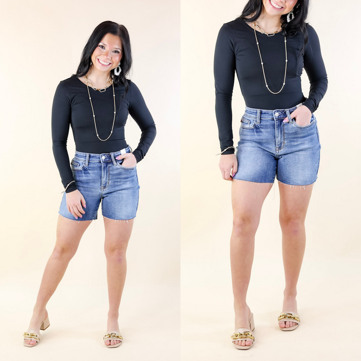 Judy Blue | By Popular Demand Mid Thigh Cut Off Hem Shorts in Light Wash - Giddy Up Glamour Boutique