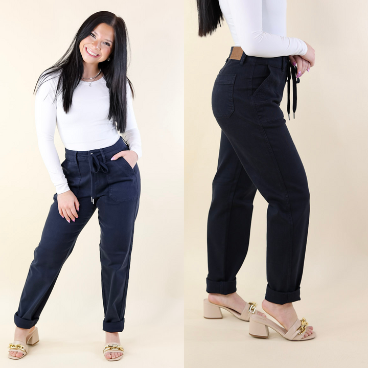 Judy Blue | Keep It A Secret Relaxed Pull on Jean Joggers in Navy Blue - Giddy Up Glamour Boutique